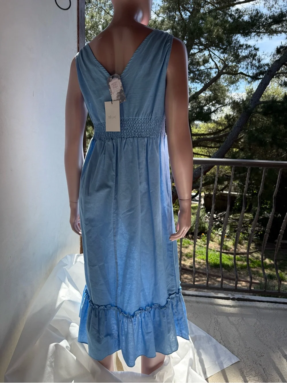 Linen summer dress Deluc. Blue smocked empire waist - Canadian sz XS S M L‎
